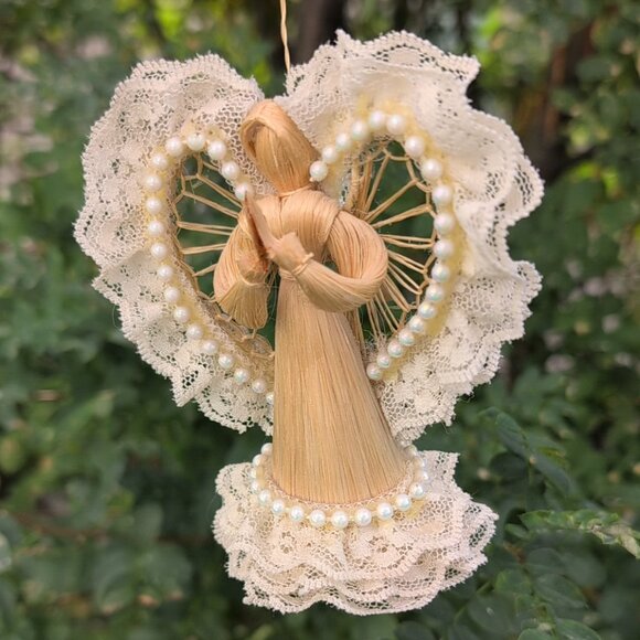 Other - Vintage Lace And Bead Detailed Corn Husk Angel Ornament
